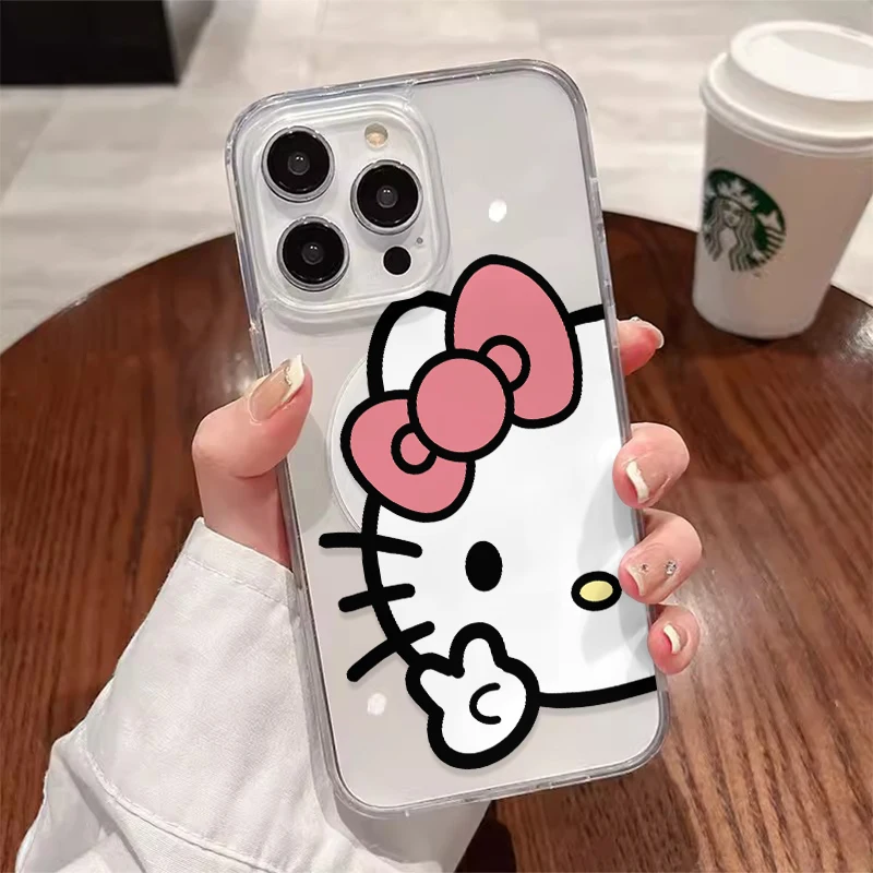 Funda de teléfono magnética con dibujos animados de Hello Kittys Magsafe para iPhone 16 15 14 13 12 11 8 7 Plus Pro Max X XR XSMax, funda transparente de Tpu - imagen 2
