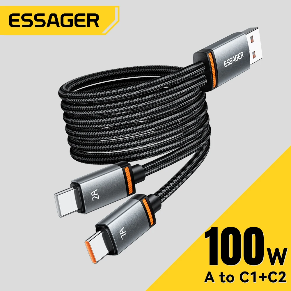 Cable USB Essager 2 en 1 para iPhone 15 16 100W USB para iluminación Cable de carga rápida para portátiles Cable tipo C para Xiaomi Samsung