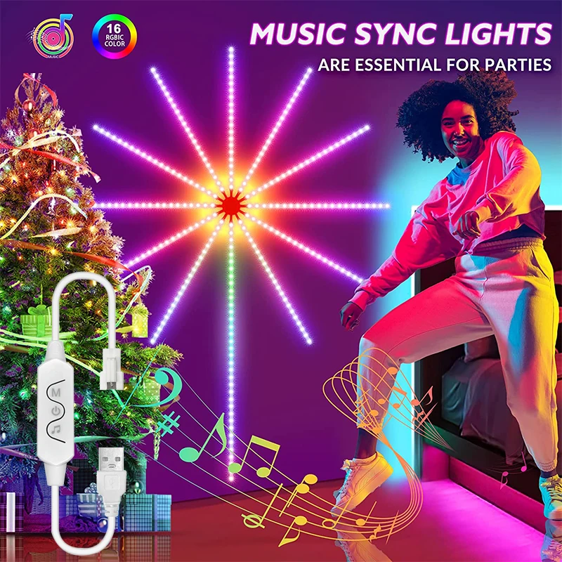 Tira de luces Led de fuegos artificiales para pared de habitación, cinta de luz Led Bluetooth de 5V, sincronización de música, tiras de iluminación Led, tira Led Usb Rgbic - imagen 2