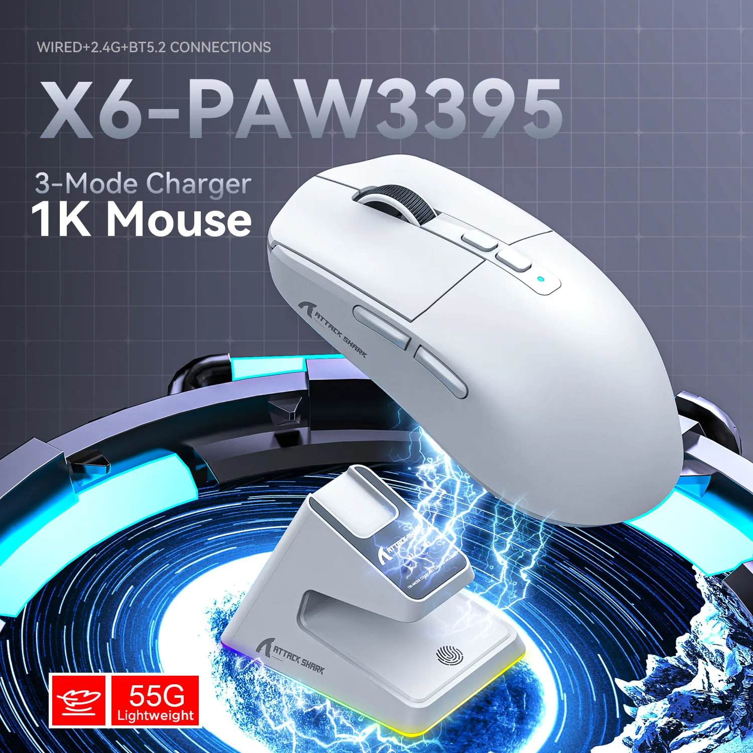 Ratón para juegos ATTACK SHARK X6, sensor PAW3395, conexión triple modo Bluetooth, base de carga magnética táctil RGB