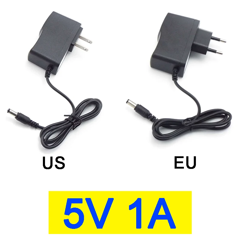 Adaptador de fuente de alimentación de 5V, 1A, 1000ma, CA 100V-240V, CC, convertidor de enchufe para tira de luz LED, interruptor de cargador CCTV, 5,5x2,5mm, enchufe estadounidense/europeo A7