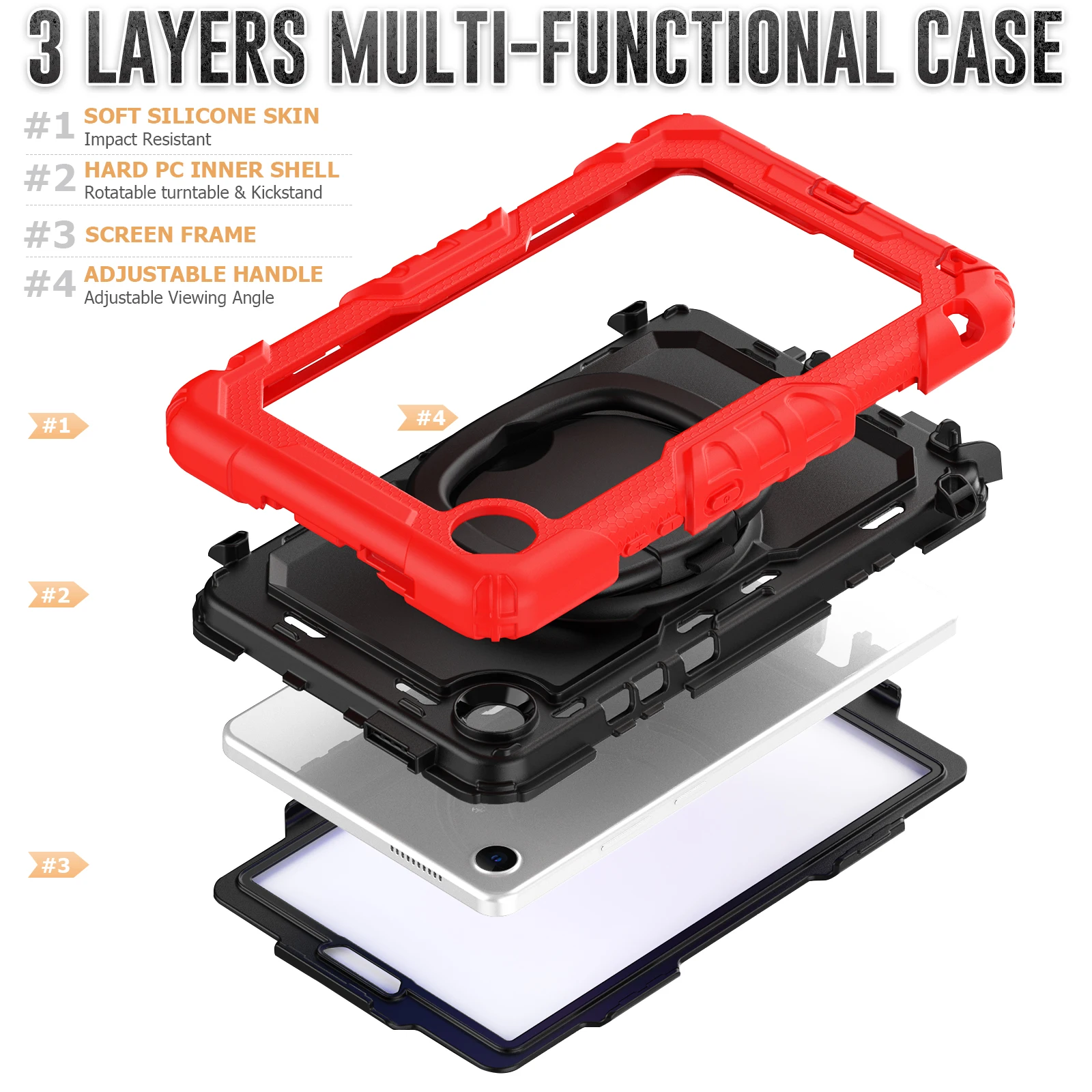 Funda con soporte giratorio 360 para Lenovo Tab One (K9) 2025, cubierta de armadura híbrida TB305FU de 8,7 pulgadas con mango plegable y correa para el hombro - imagen 2