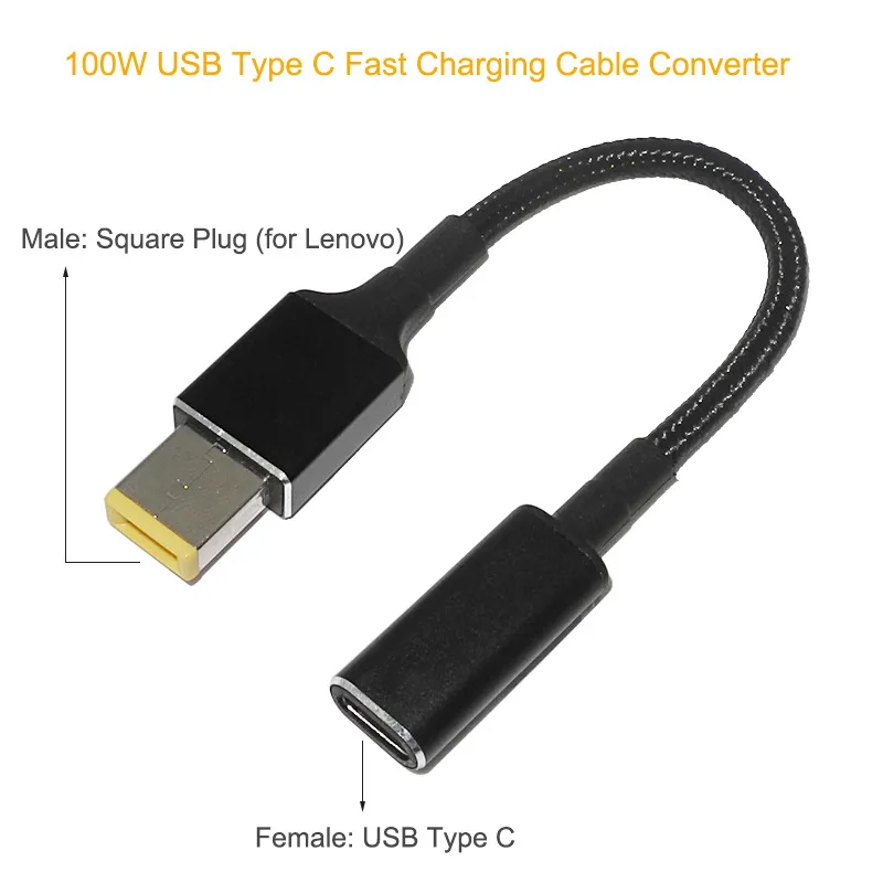 Convertidor USB tipo C hembra a enchufe cuadrado de 100W, Cable de carga rápida USB-C, conector adaptador de corriente CC para ordenador portátil para Lenovo Thinkpad