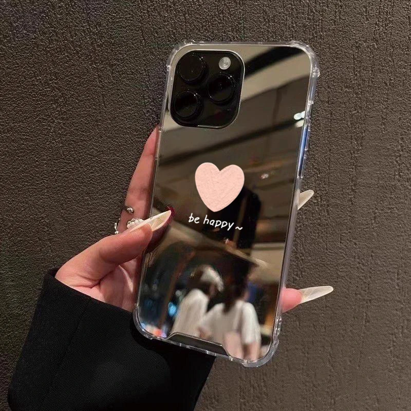 Funda de teléfono con diseño de corazón de amor Simple para iPhone 11 12 13 14 15 16 Pro Max XS X XR 7 8 Plus SE, funda suave con espejo de maquillaje