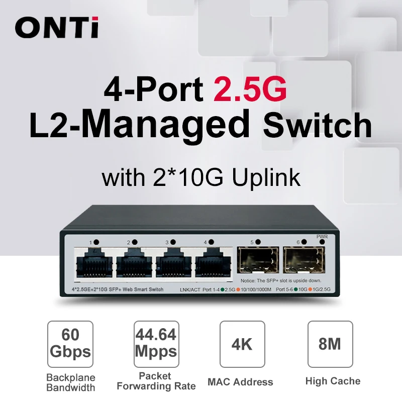 ONTi-MINI Conmutador inteligente de 6 puertos 2,5G, 4x2,5GE + 1x10G SFP+ L2-Dispositivo gestionado por web, conmutador hostado, 6 puertos L2, 2,5 Gbps