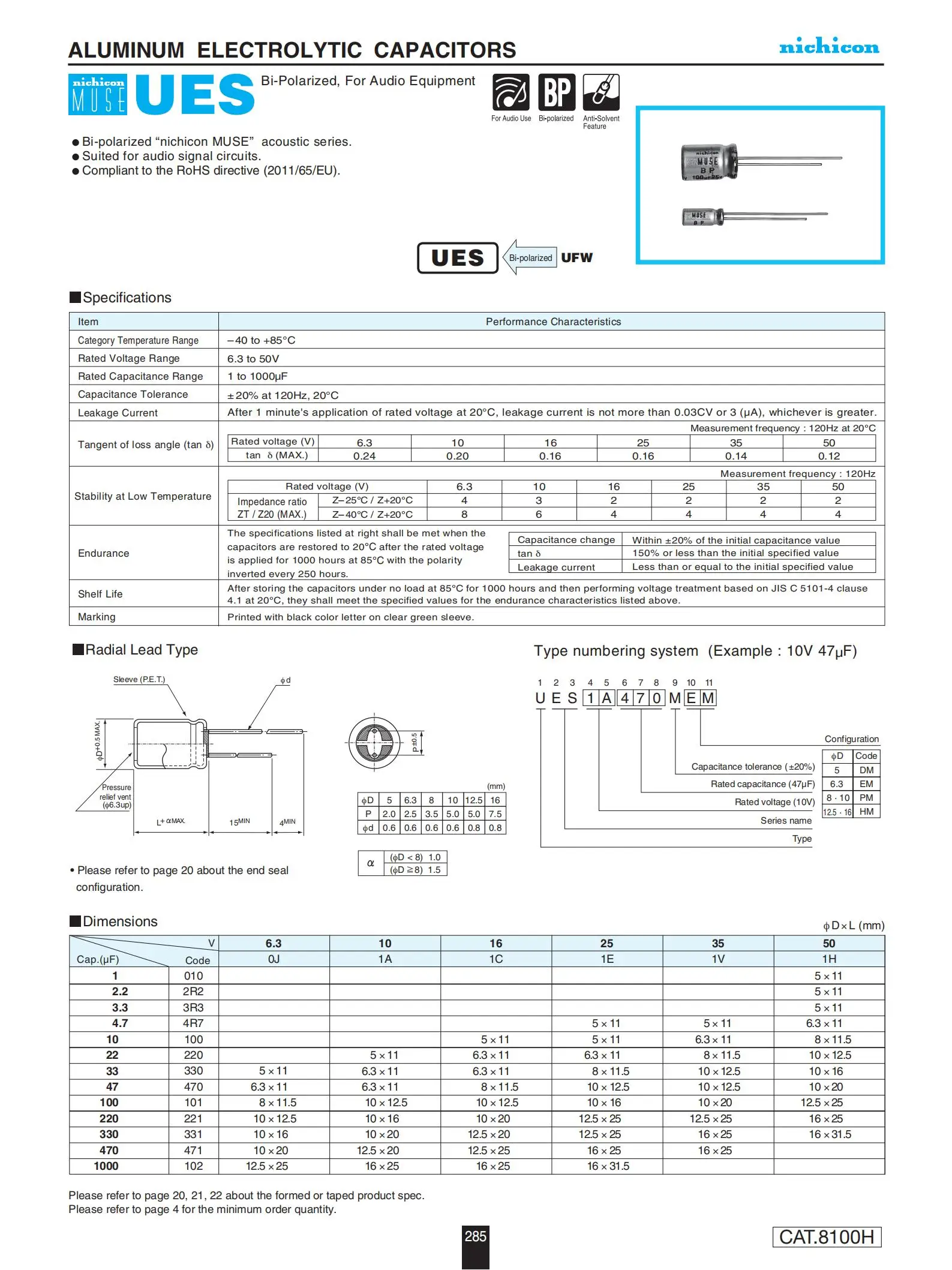 5 unids/lote 50V47UF volumen 10X20MM Nichicon MUSE BP ES condensador de Audio HiFi Bipolar no Polar UES1C101MPM nuevo - imagen 2