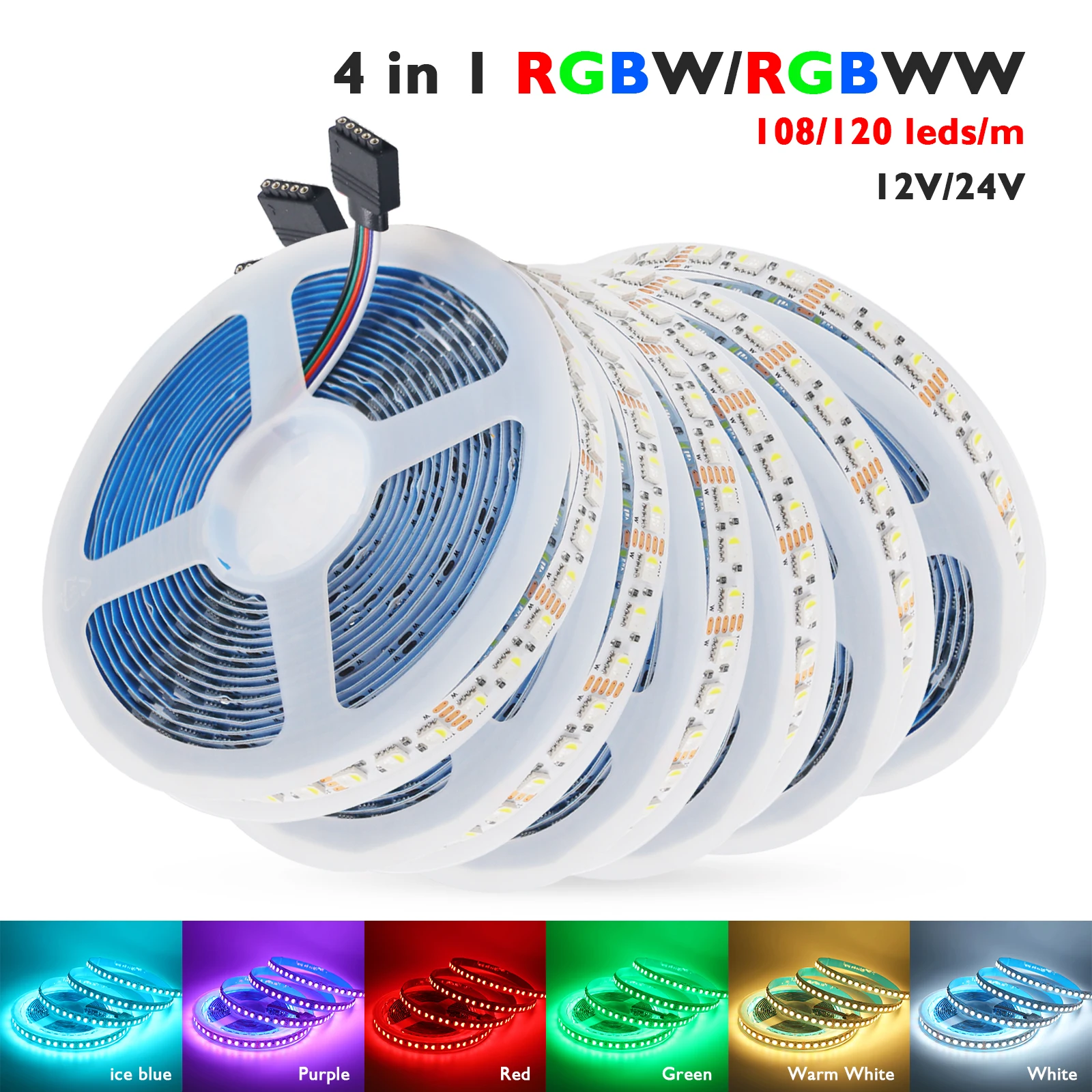 Tira de luces LED RGBW RGBWW de 5M 4 en 1 5050 DC12V 108LEDs/M cinta de luz Flexible decoración del hogar DC24V 120LEDs/M tiras de lámpara de 5 pines - imagen 2