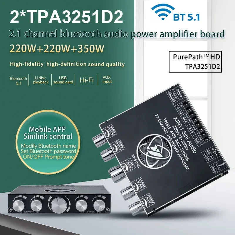 Placa amplificadora de potencia Bluetooth TPA3251, 2x220W + 350W, tarjeta de sonido USB, Subwoofer, Audio para teatro, ecualizador estéreo, amplificador 2,1 canales, Clase D
