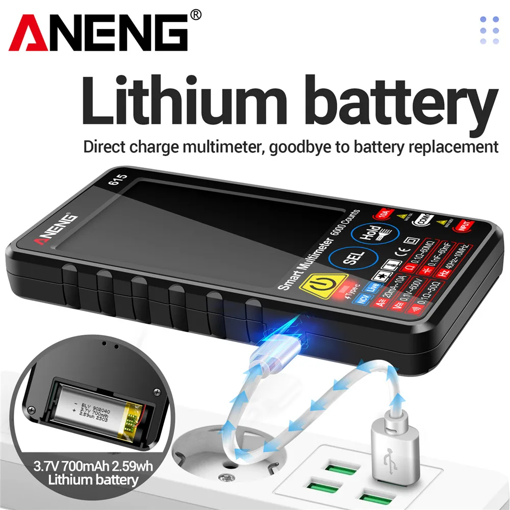 Multímetro de pantalla táctil ANENG 615 Digital inteligente AC/DC resistencia de voltaje de corriente condensador NCV diodo de carga multímetro probador - imagen 4