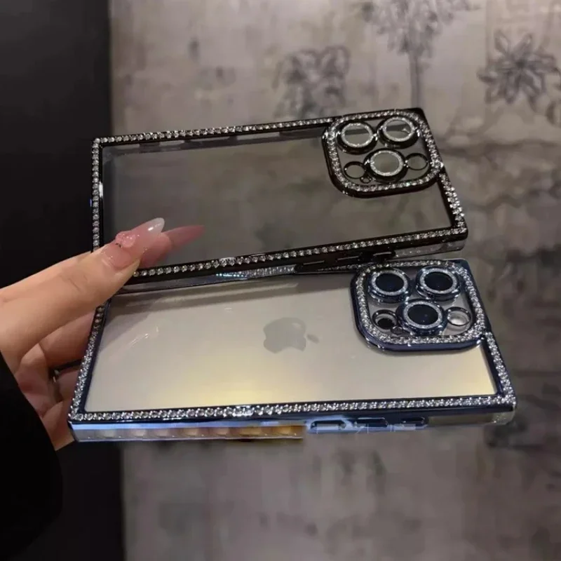 Nueva funda transparente de diamante brillante a la moda para iPhone 16 15 14 13 Pro Max 16 cubierta de parachoques de silicona suave con revestimiento cuadrado de lujo - imagen 3