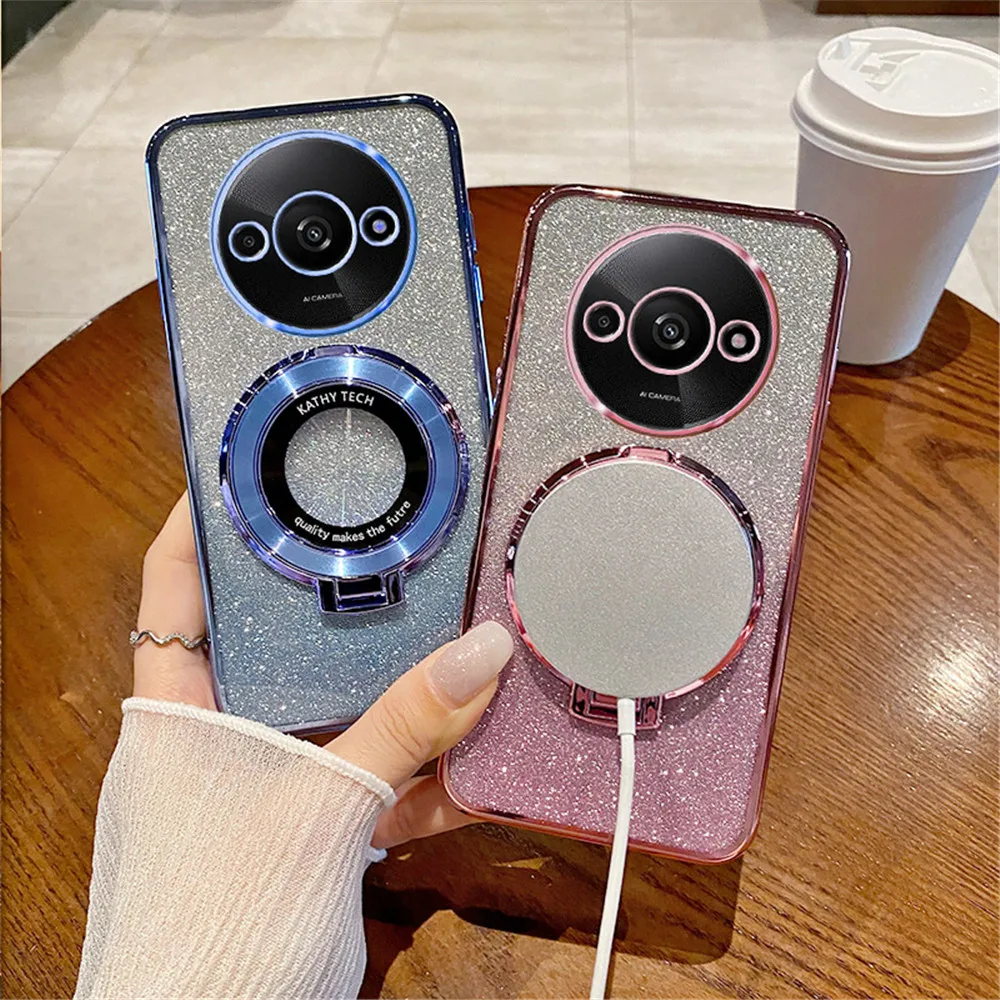 Funda de lujo para Xiaomi Redmi A3, carcasa suave con soporte magnético y purpurina para modelos Redmi 13C, 9C, 9A, 10, 10A, 10C, 12, 12C, A1 Plus - imagen 2