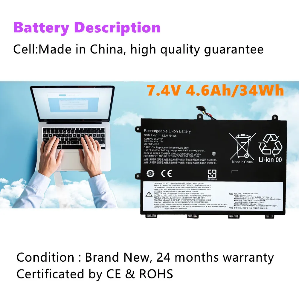 Batería del ordenador portátil 45N1750 para Lenovo ThinkPad Yoga 11E 45N1748 45N1749 45N1751 7,4 V 34Wh - imagen 2