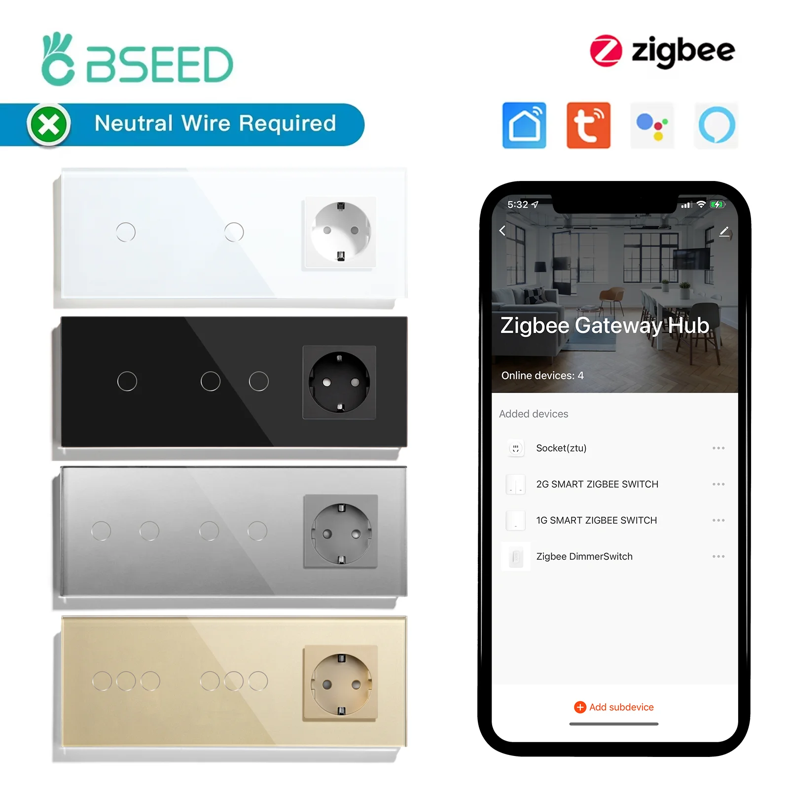 BSEED Zigbee-interruptores inteligentes táctiles dobles, 1/2/3 entradas, Control por aplicación Tuya Smart Life más enchufes de corriente de pared de la UE, No requiere neutro - imagen 2