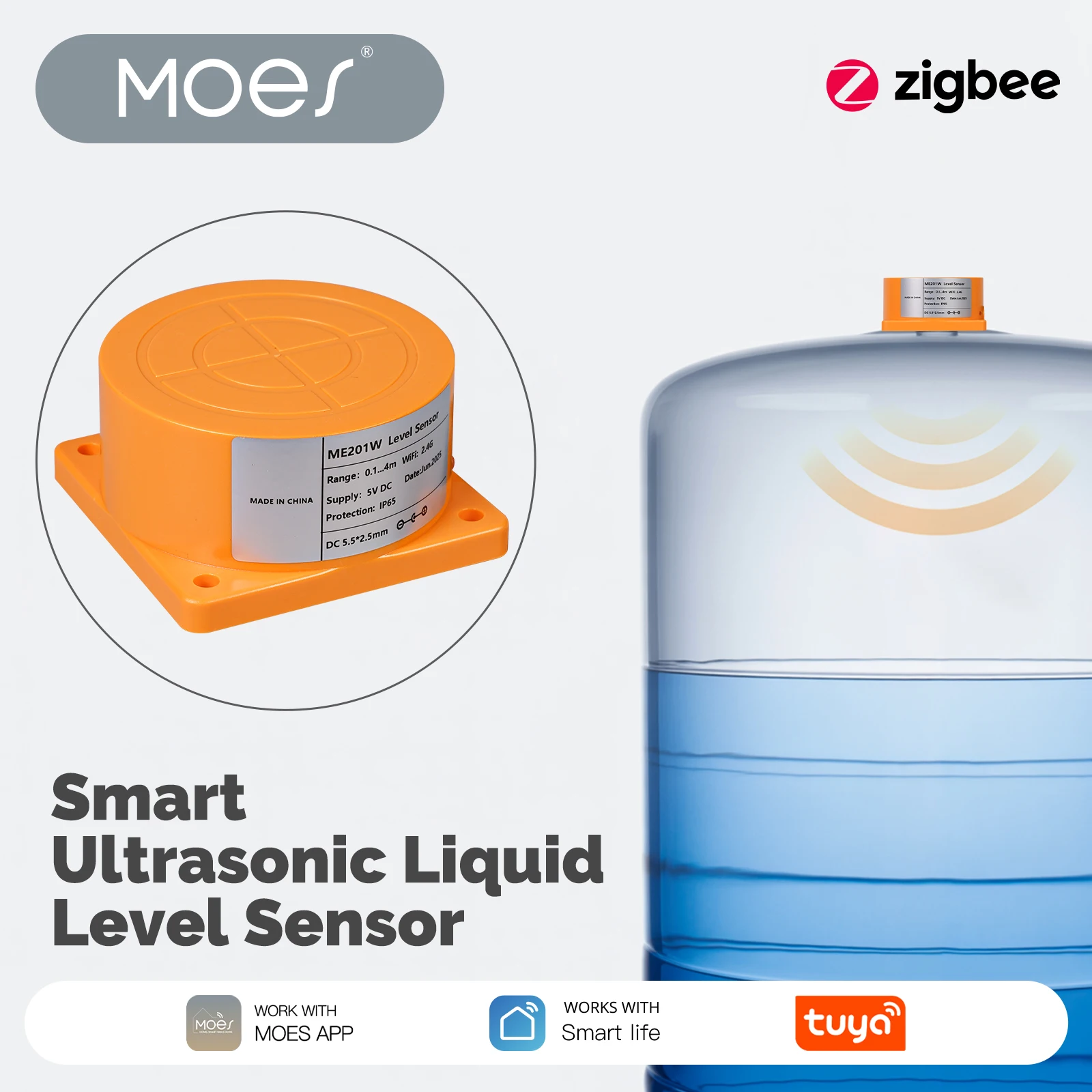 MOES Tuya WiFi/Zigbee Sensor ultrasónico inteligente de nivel de líquido Monitor de tanque de agua con notificación de alarma en tiempo real aplicación remota Control