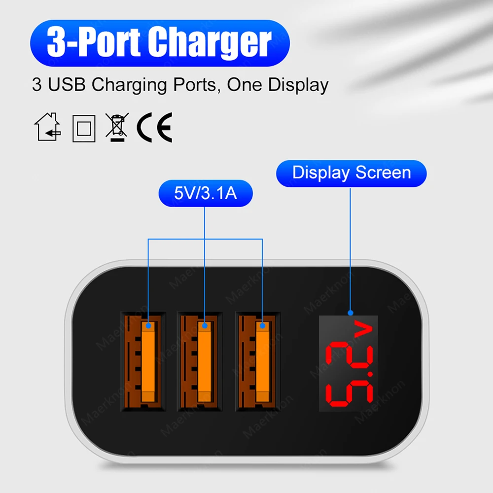 Cargador USB de carga rápida 3,0, adaptador de carga de teléfono con 3 puertos USB con pantalla LED para Samsung, Xiaomi, Huawei, enchufe europeo/estadounidense - imagen 2