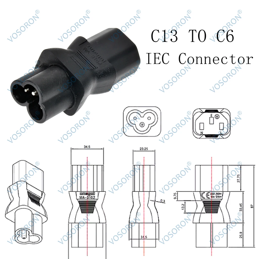 IEC 320 C13 hembra a C6 macho convertidor de enchufe de hoja de trébol de 3 pines adaptador de corriente alterna - imagen 3