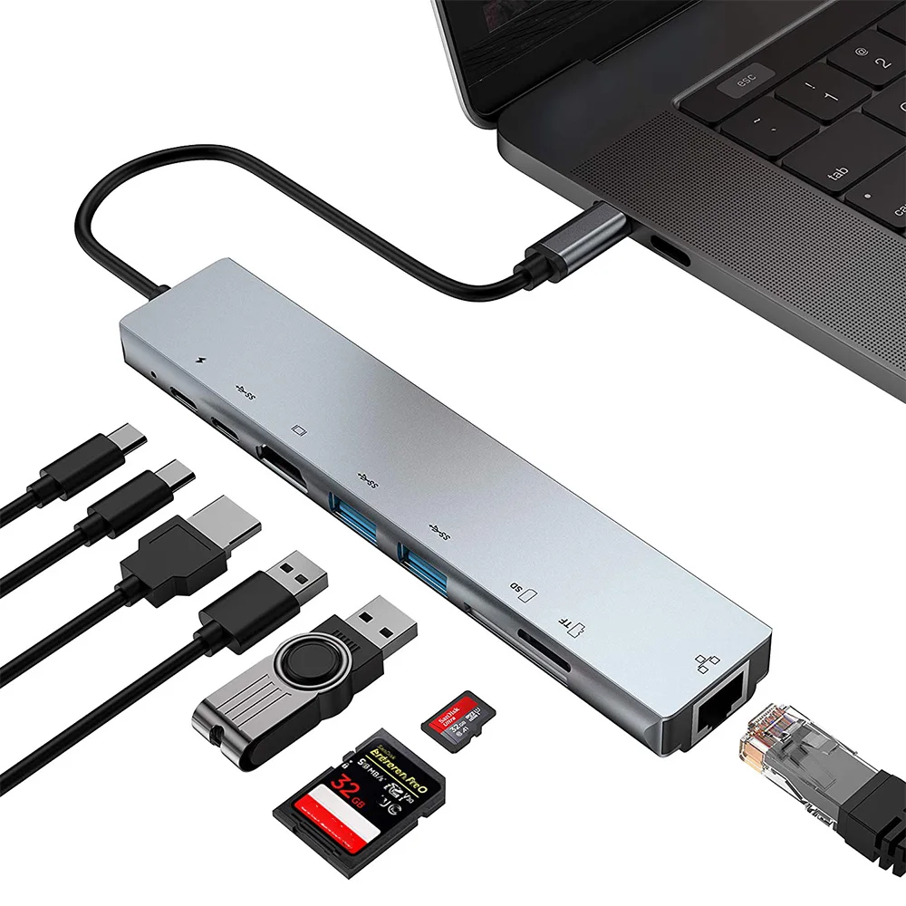 8 en 1 USB tipo C a 4K HD RJ45 Hub adaptador USB 3,0 TF PD cargador Hub estación de acoplamiento cargador rápido estación de acoplamiento Dropshipping - imagen 4
