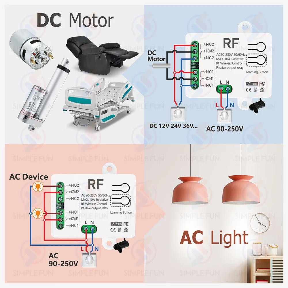 433MHz 2 CH interruptor de Control remoto de Motor 90V-250V USB 5V módulo receptor RF para Motor/abridor de puerta de garaje/control remoto DIY - imagen 5