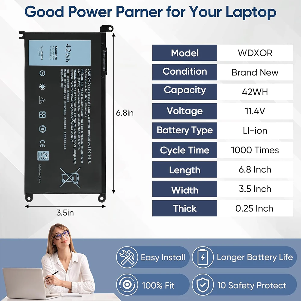 42WH WDX0R Batería de repuesto para computadora portátil Dell Inspiron 13 15 5000 7000 Series 5567 5570 7378 7573 7579 5565 5379 5378 Latitude 3390 3190 Vostro 5468 5568 P69G P58F 3CRH3 WDXOR - imagen 3