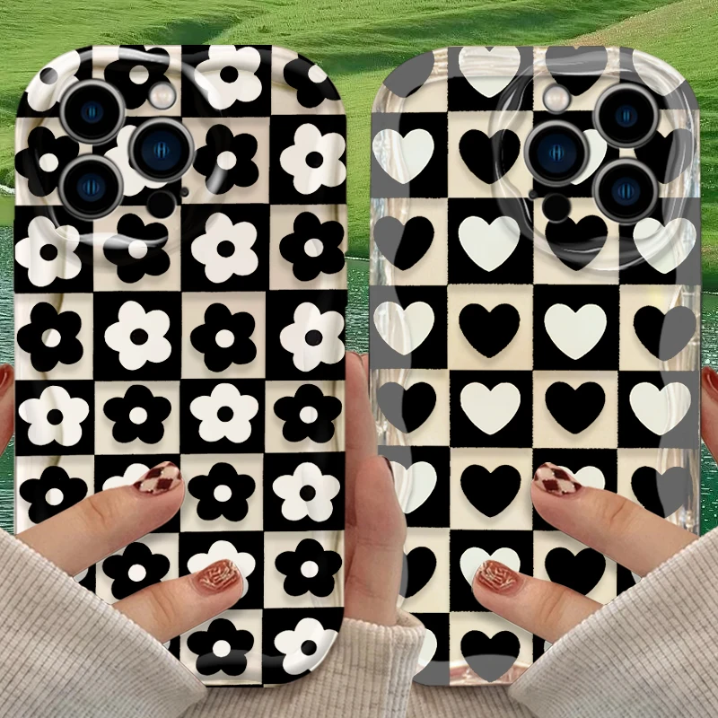 Funda ondulada con patrón de tablero de ajedrez de amor y flores para iPhone 17 Air 16 E 15 14 Plus 13 12 Mini 11 Pro Max, Fundas traseras a prueba de golpes