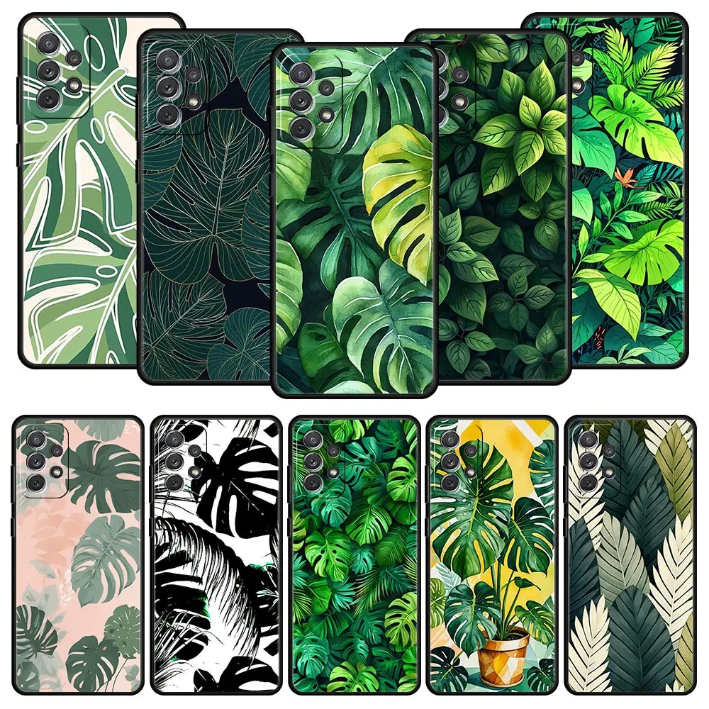Funda de teléfono verde de hojas Monstera para Samsung A51 A71 A21S A17 A11 A15 A25 A41 A23 A33 A53 A73 A07 A03S A05S A13 A35 A55 5G