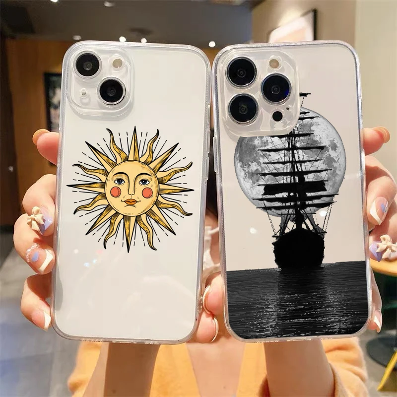 Divertida funda de teléfono transparente a prueba de golpes para iPhone, sol, Luna, Ojos de Ángel, 14, 15, 16, 13, 12, 11 Pro Max, 7, 8 Plus, X, XR, XS, Max, SE