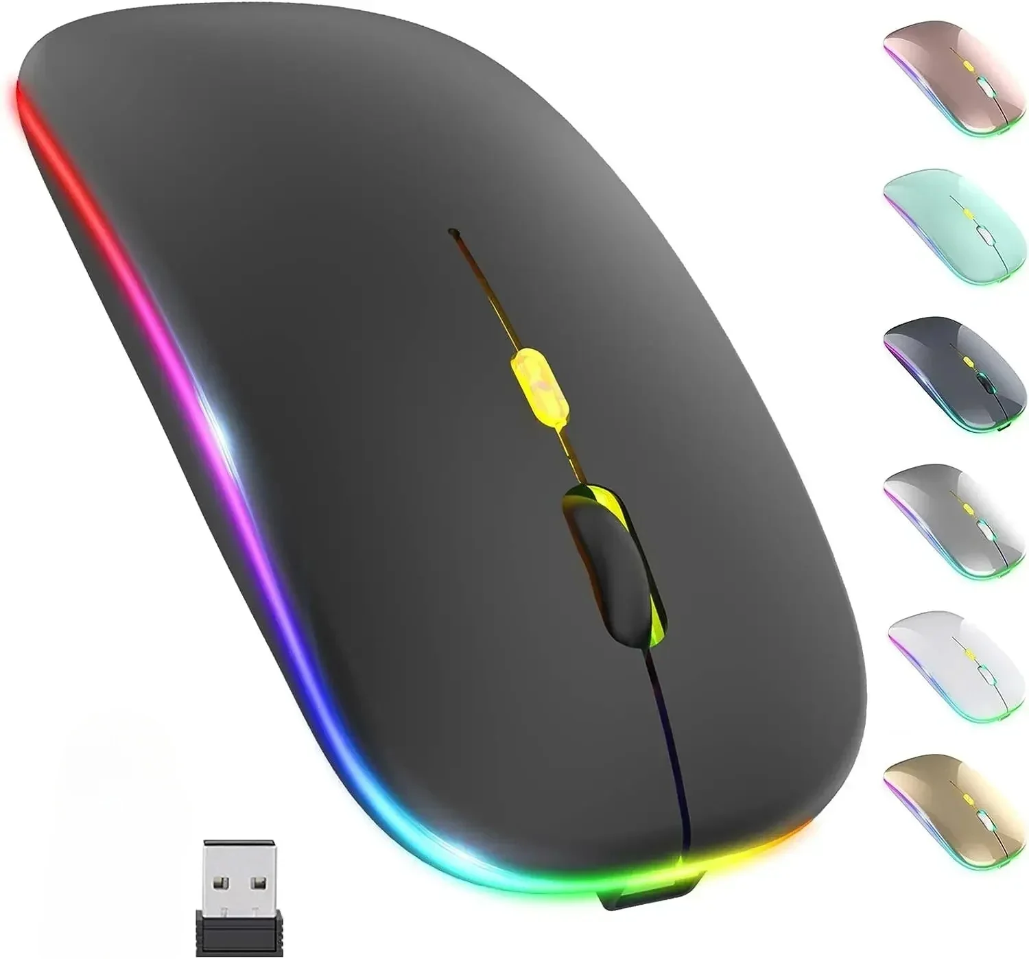 Ratón inalámbrico para ordenador portátil y PC, periférico silencioso con retroiluminación LED, ergonómico, recargable por RGB, Bluetooth