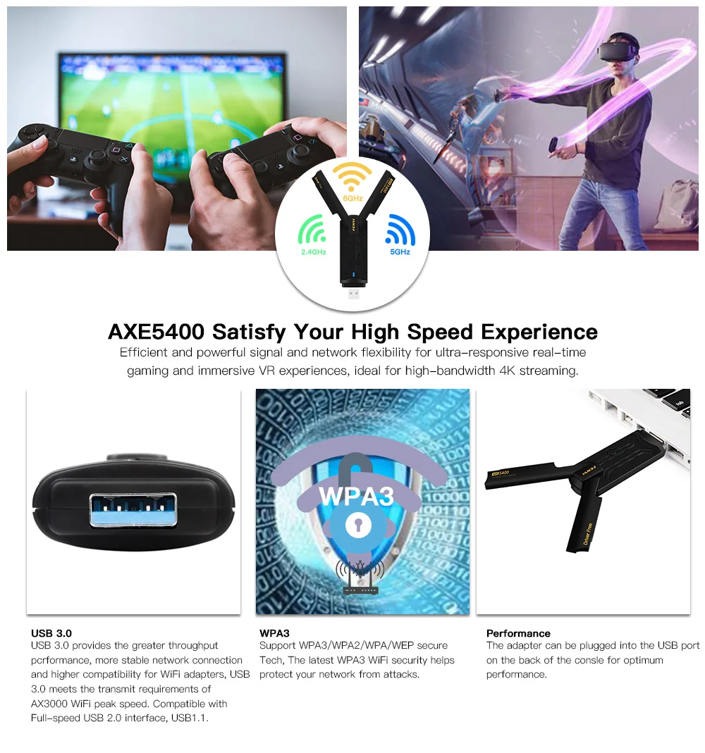 Fvi-Adaptador USB 6E Wifi de 5400Mbps, Dongle 2,4G, 5G y 6GHz, USB3.0, 6 tarjetas de red, antena MU-MIMO, Plug and Play para Win 10/11 - imagen 2