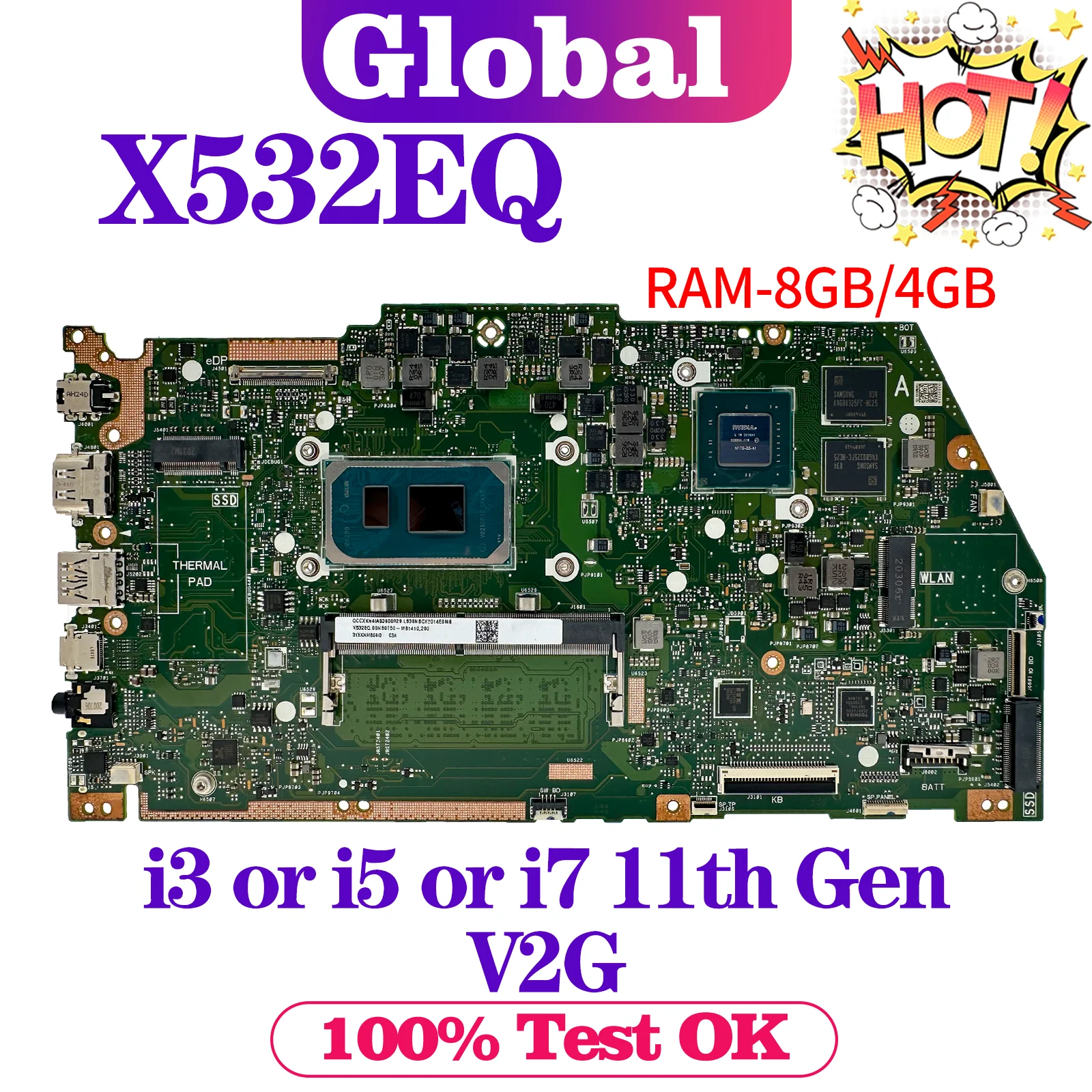 Placa base X532E para ASUS X532EQ K532EQ S532EQ V532EQ placa base para ordenador portátil i5 i7 11. a generación GPU-V2G RAM-4GB/8GB GPU-V2G - imagen 2