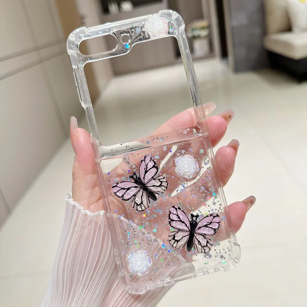 Funda de teléfono con purpurina para Samsung Galaxy Z, carcasa con diseño de estrellas, 3D, rosa, mariposa, tapa 6, 5, 4, 3, 5G, dura, transparente, plegable, techo de choque, parachoques Acrílico - imagen 3