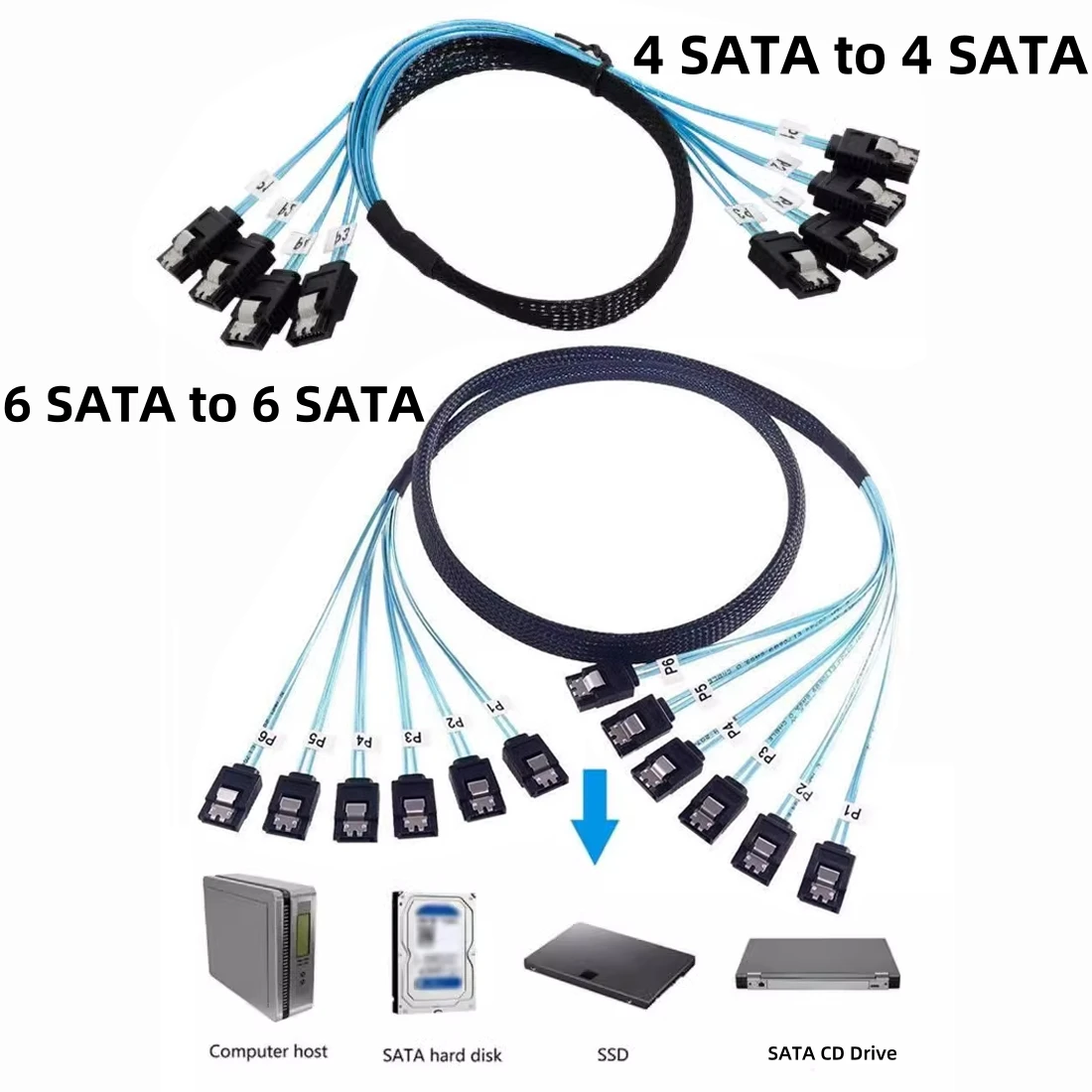Cable de datos SATA 3,0 de 0,5 M, 6Gbps, 4 SATA a 4SATA, 6 SATA a 6SATA, Cable divisor de disco duro para servidor de ordenador Bitcoin, HDD SSD