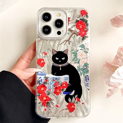 Funda iPhone Silicona Lujo Flor Gato Negro Antigolpes