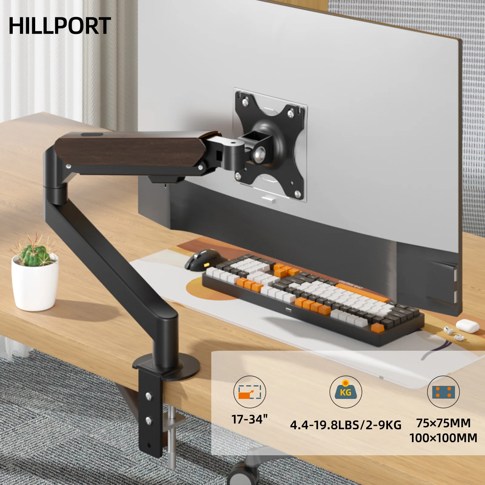 Soporte de brazo para Monitor de escritorio HILLPORT, resorte de Gas de 17-34 ", soporte de montaje de movimiento completo, soporte de montaje para TV LCD LED, soporte para PC M5-M - imagen 3
