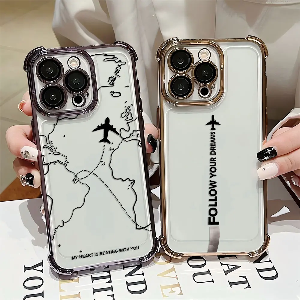 Funda chapada con diseño de ruta de avión inspirada en viajes para iPhone 16 15 14 13 12 11 Pro Max X XSMax 7 8 Plus cubierta de Airabag anticaída - imagen 3