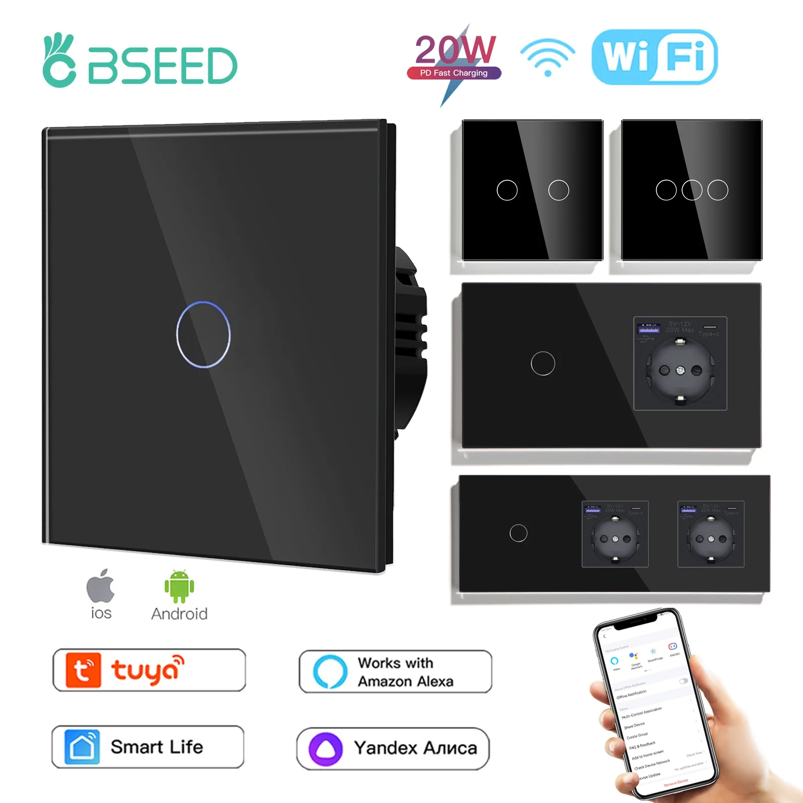 BSEED 1/2/3Gang Wifi interruptores táctiles de pared interruptor inteligente de 2/3 vías con 20W tipo C USB enchufe de la UE compatible con Tuya Smart Life Google Alexa - imagen 2