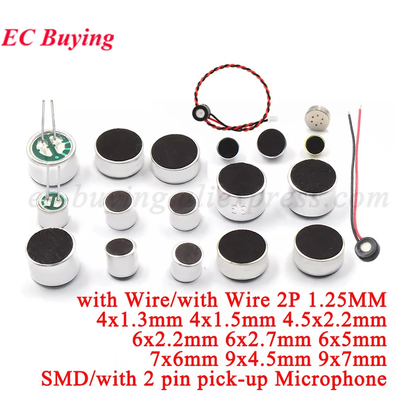 50 uds/1 ud micrófono 4mm 6*5mm 9*7 4,5*2,2 6*2,2mm micrófono condensador electret captación 6x5mm 9x7mm 4,5x2,2mm 6x2,2mm accesorios MP3