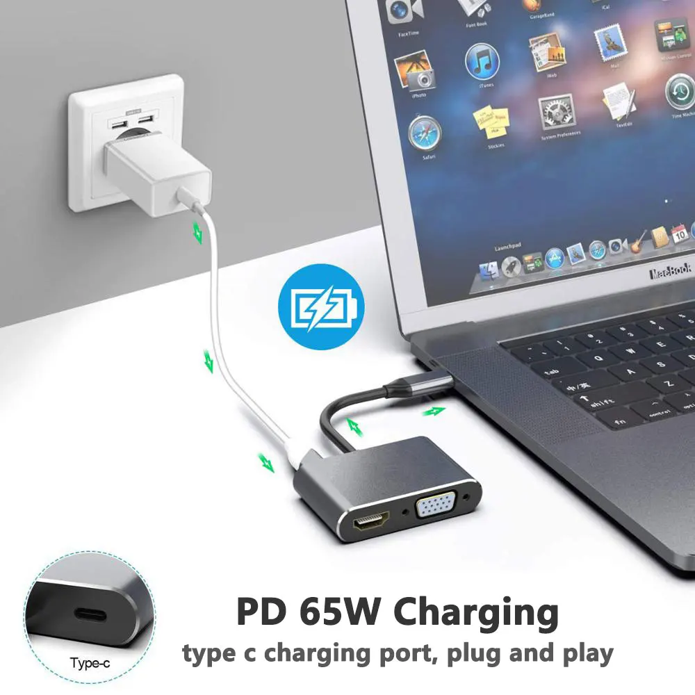 Hub USB C para portátiles: adaptador HDMI 4K y VGA 1080P con tipo C para Dell/Asus/Gaming - imagen 4