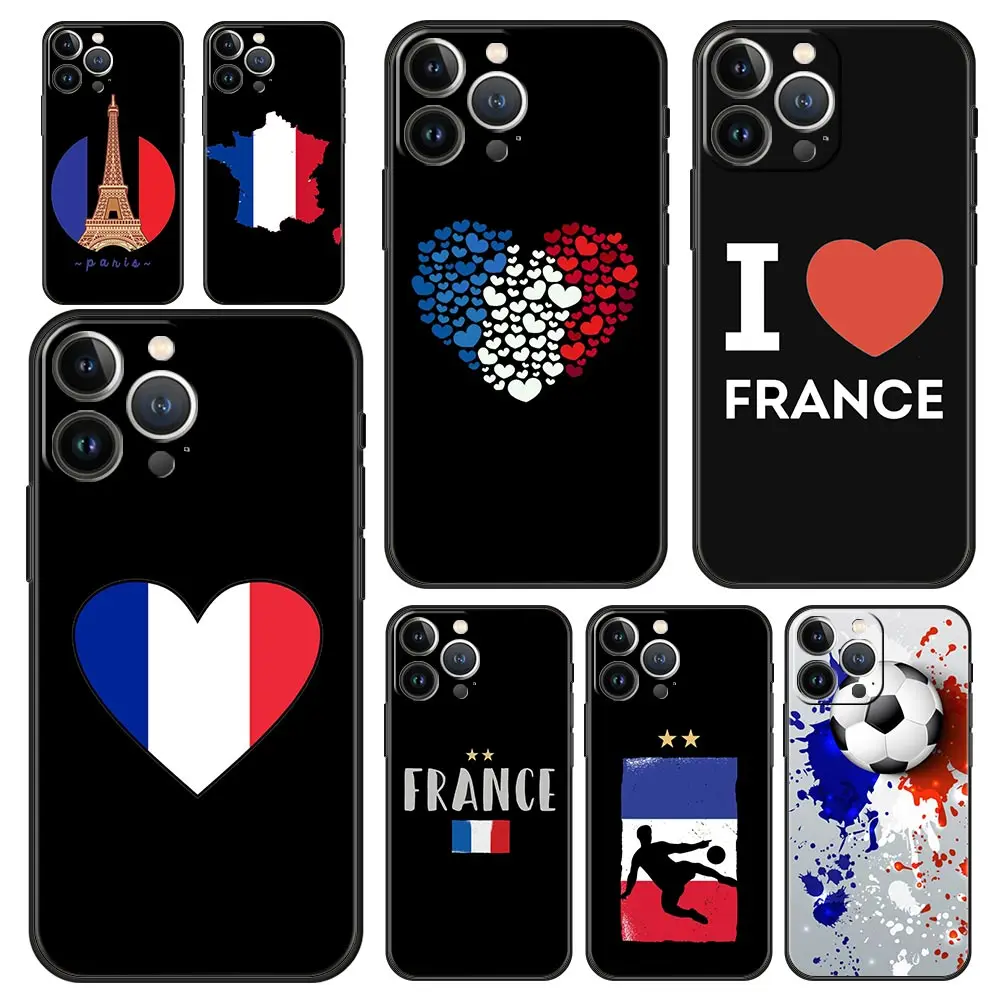 Funda de teléfono de lujo para Apple iPhone, 11, 15, 14 Pro MAX, 12, 13, 7, 8 Plus, X, XR, XS, MAX, SE, Funda de silicona negra, Bandera de Francia