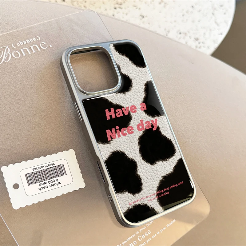 Funda de teléfono con textura de cuero "have un buen día" con estampado de vaca para iPhone11/12/13/14/15/16/43 Pro Max AIR PLUS