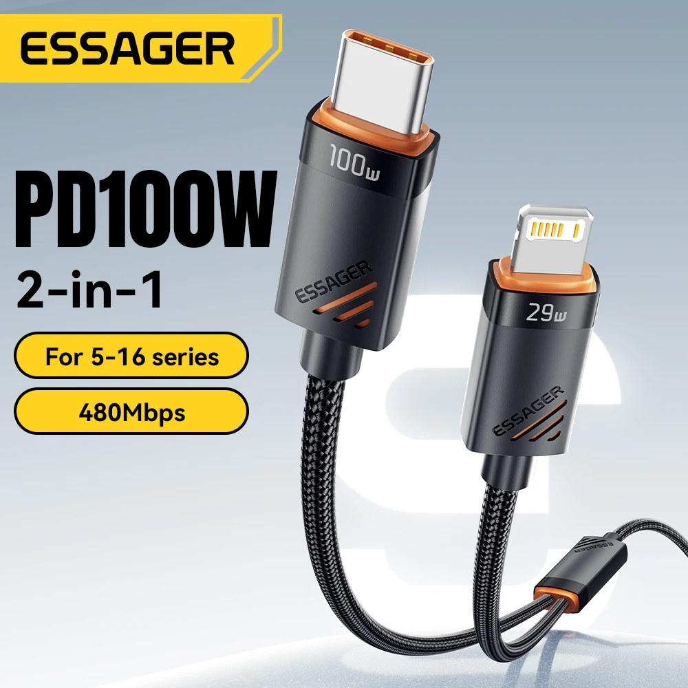 Essager 2 en 1 USB tipo C a tipo C Cable PD 100W Cable de carga rápida para iPhone16 Huawei Laptop Tablet tipo C a Cable de iluminación - imagen 2