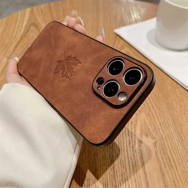 Funda de teléfono de cuero de hoja para iPhone 16 16E 15 14 Plus 13 12 11 Pro Max X XS Max XR cubierta trasera dura de PC a prueba de golpes - imagen 2