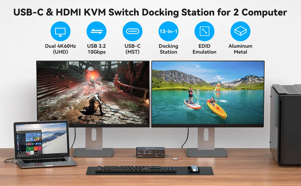 Una configuración de computadora con un mouse de teclado y dos monitores
