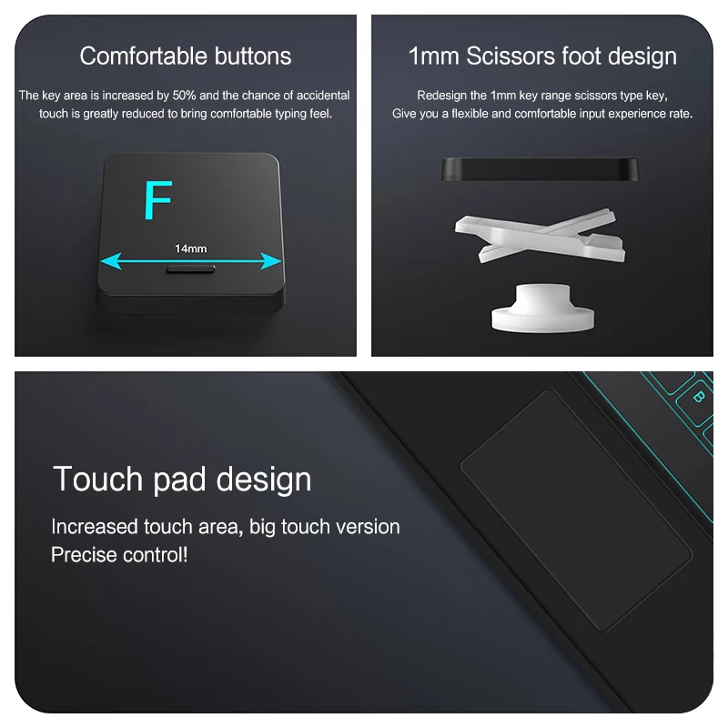 AJIUYU-teclado inalámbrico táctil retroiluminado, Bluetooth para ios, Android, Windows, tableta, teléfono, español, portugués, ruso, hebreo, árabe - imagen 4