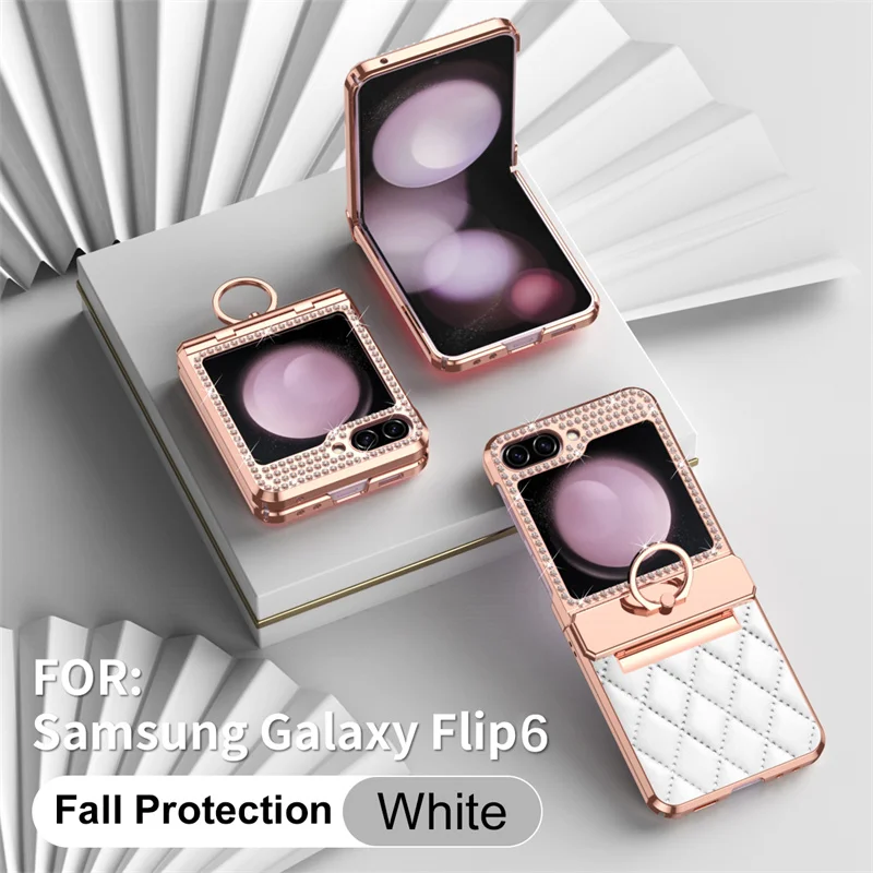 Funda de teléfono con bisagra de diamante brillante chapado en cuero PU para Samsung Galaxy Z Flip 7 6 5 4 3 5G cubierta protectora de anillo a prueba de golpes