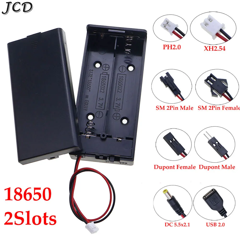 Caja porta baterías 18650, caja de almacenamiento de batería con 2 ranuras, con interruptor y cubierta y cable Terminal DuPont PH2.0 XH2.54 DC5.5X2.1 USB2.0