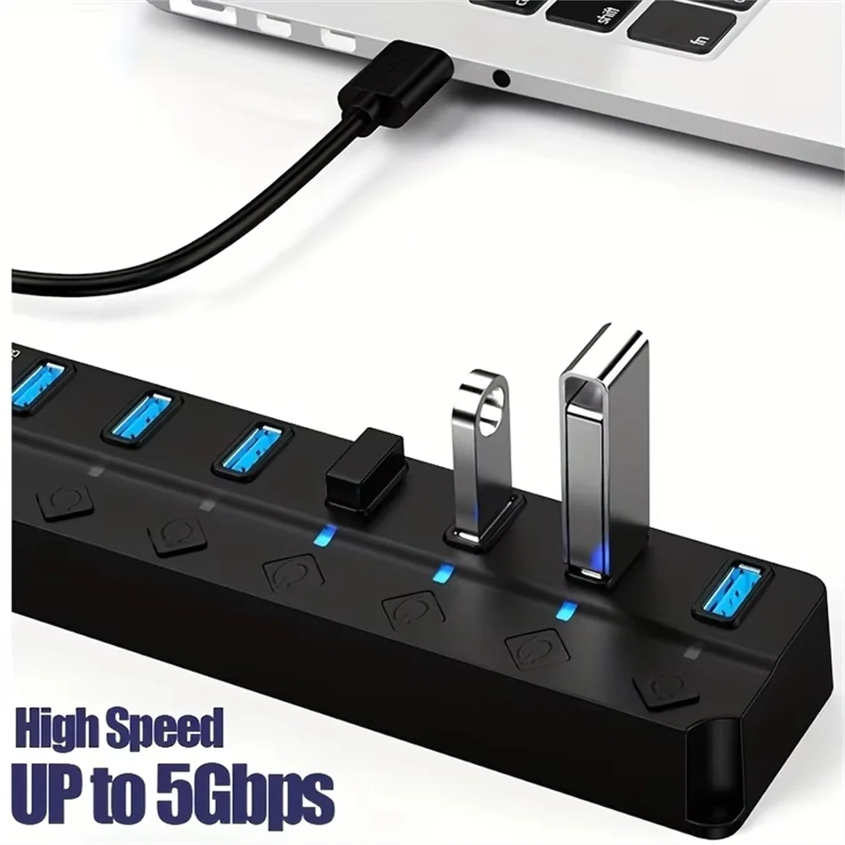 Hub USB 3,0 de 4/7 puertos con indicador LED, Control de interruptor independiente para PC, portátil, unidad Flash, disco duro, impresora, teclado de cámara - imagen 2