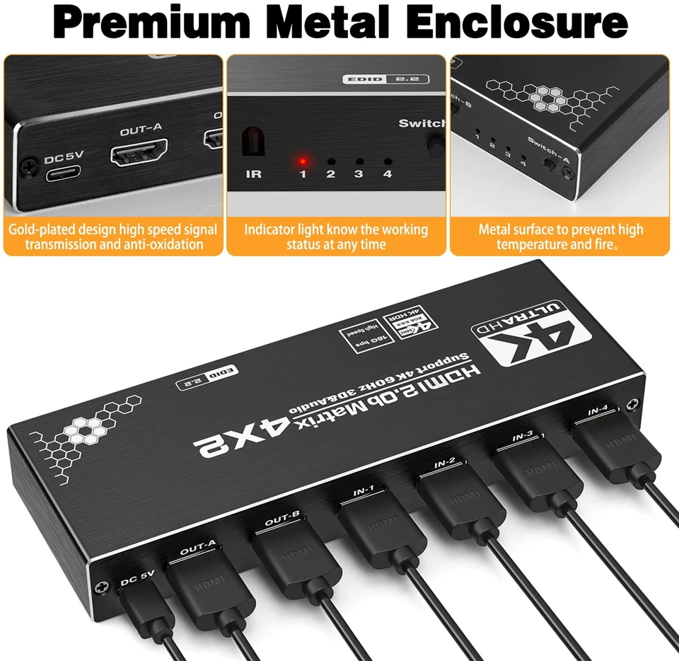 Divisor de interruptor de matriz HDMI, dispositivo 4 en 2, 2 en 2, con SPDIF, L/R, 2023mm, HDR, compatible con HDMI, ARC 4K @ 60Hz para PS5, 3,5 - imagen 5