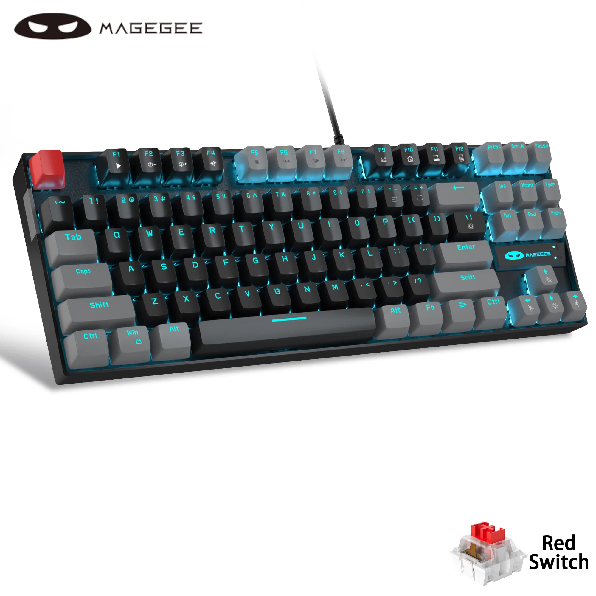 MageGee 75%-Teclado mecánico para juegos con interruptor azul/rojo, retroiluminado LED azul, 87 teclas, compacto, TKL, con cable, para PC con Windows
