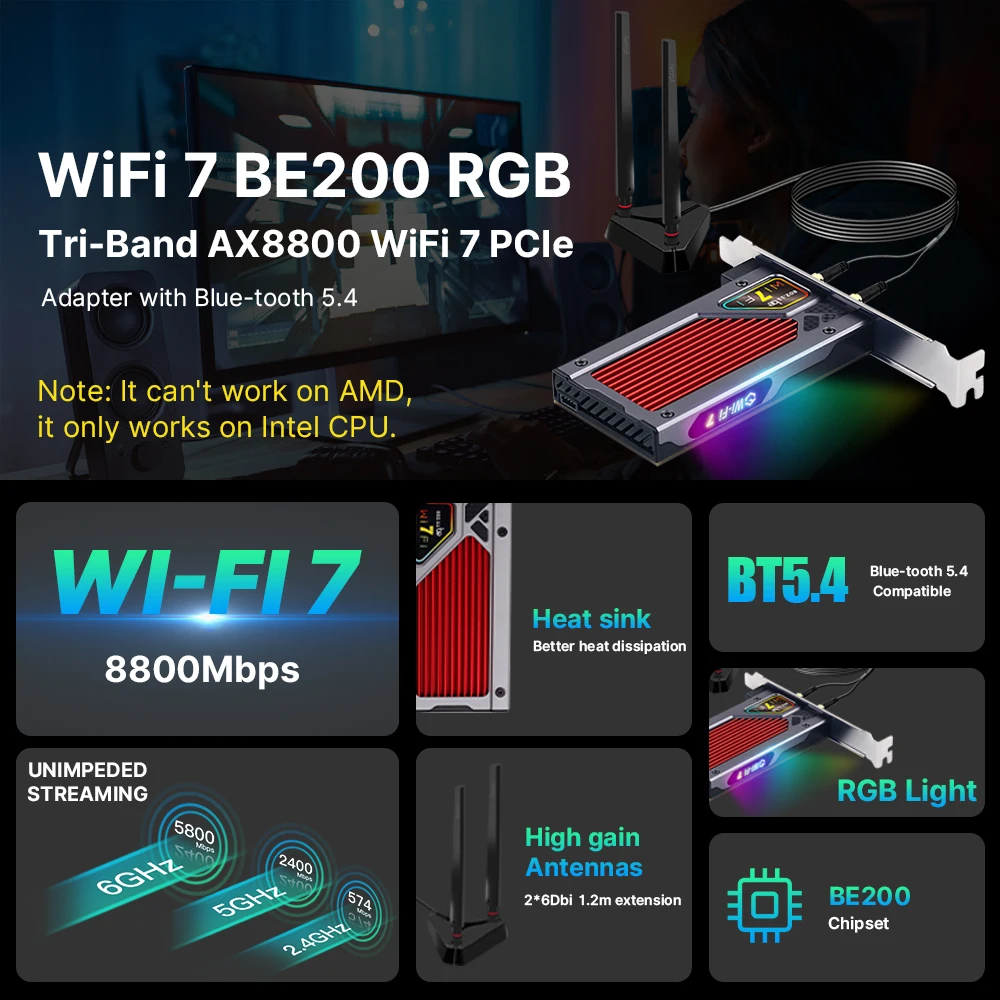 Fenvi 8800Mbps WiFi 7 BE200 PCIe WiFi adaptador FV-BE8800RGB Bluetooth 5,4 WiFi7 para tarjeta de red inalámbrica Intel BE200 2,4G/5G/6G - imagen 2