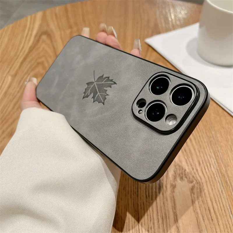 Funda de teléfono de cuero de hoja para iPhone 16 16E 15 14 Plus 13 12 11 Pro Max X XS Max XR cubierta trasera dura de PC a prueba de golpes - imagen 4